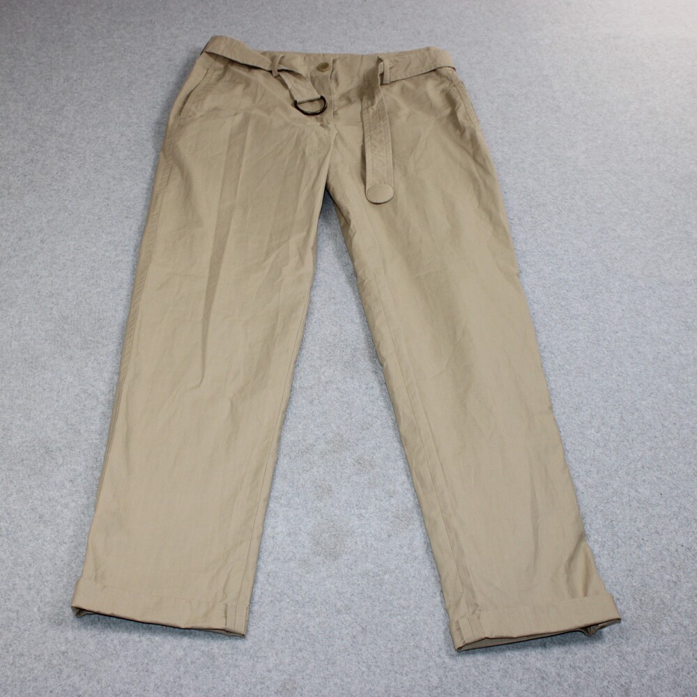 Akris Punto Pants Women 8 Beige Belted Cuffed Straight Ankle Cropped Office Boho